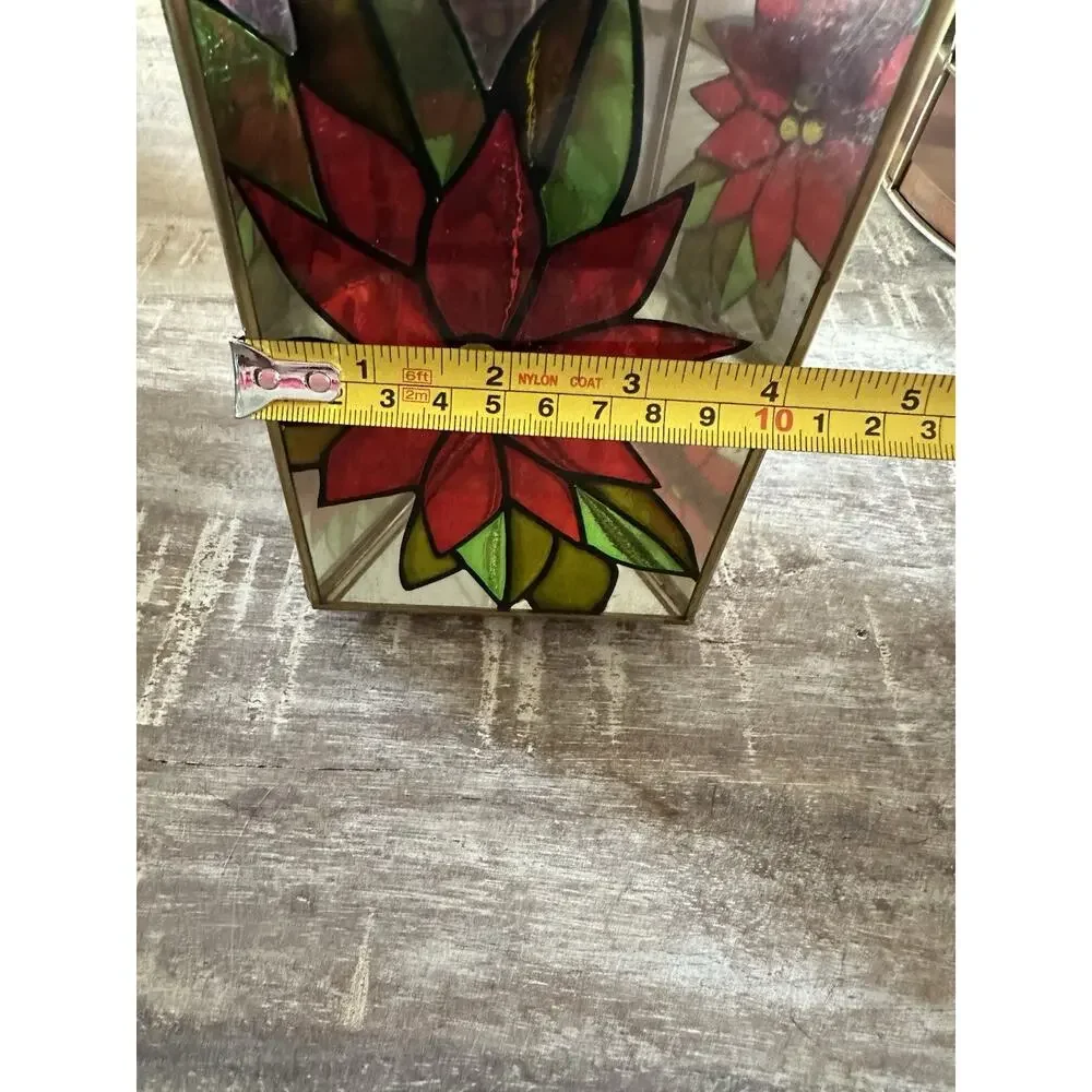 Vintage Stained Glass Poinsettia Mirrored Candle Holder Christmas Holiday